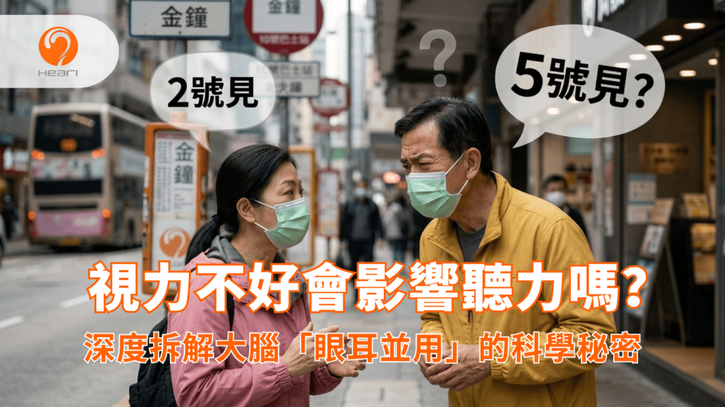 一張展示兩位在香港街頭戴著口罩的人士,因看不清口型而產生溝通誤解的場景,突顯了「視覺模糊」如何增加聽覺負擔。Heari 傾耳聽 香港聽力中心 | 立即登記免費聽力測試